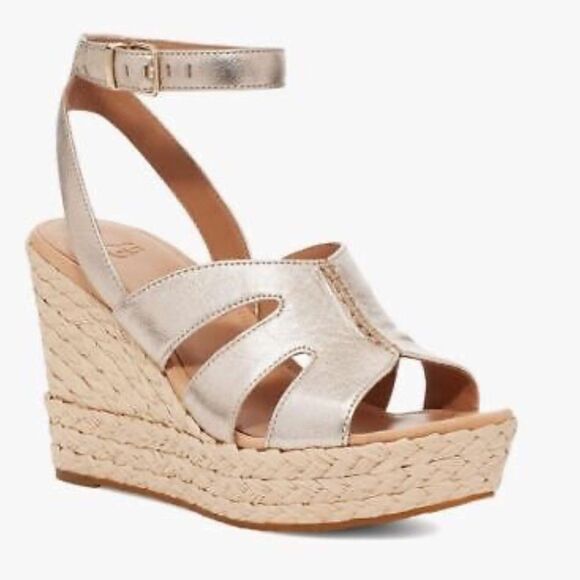 UGG Careena NWOT Gold Leather Raffia Wedge Espadrille Sandals Sz 11 - Picture 1 of 7
